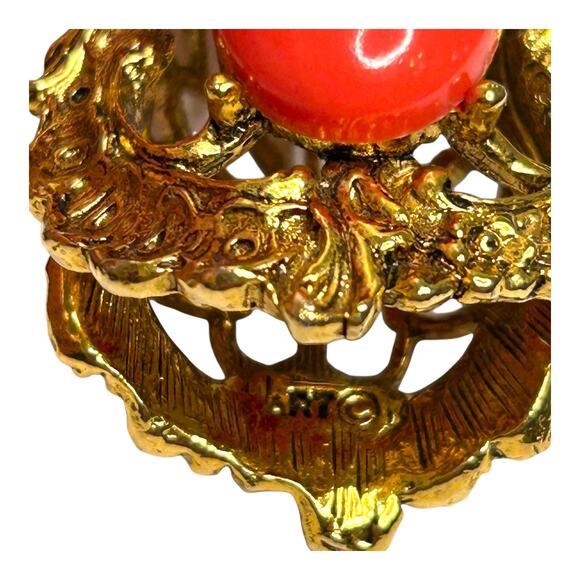 Arthur Pepper ART Scarf Slide Scarf Holder Gold Tone Oval Coral Tone Cabochon - Picture 7 of 10